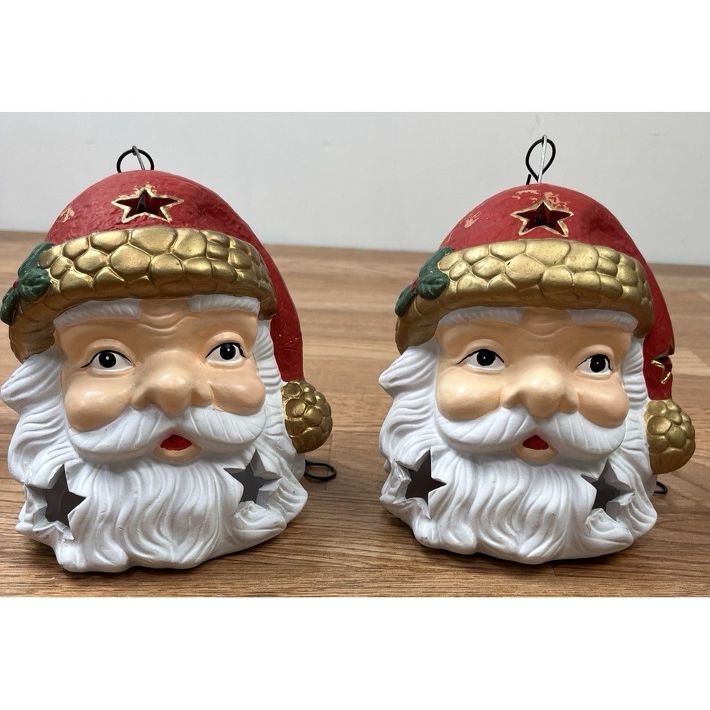 Set of 2 Vintage Hanging Santa Claus Ceramic Candle Holders